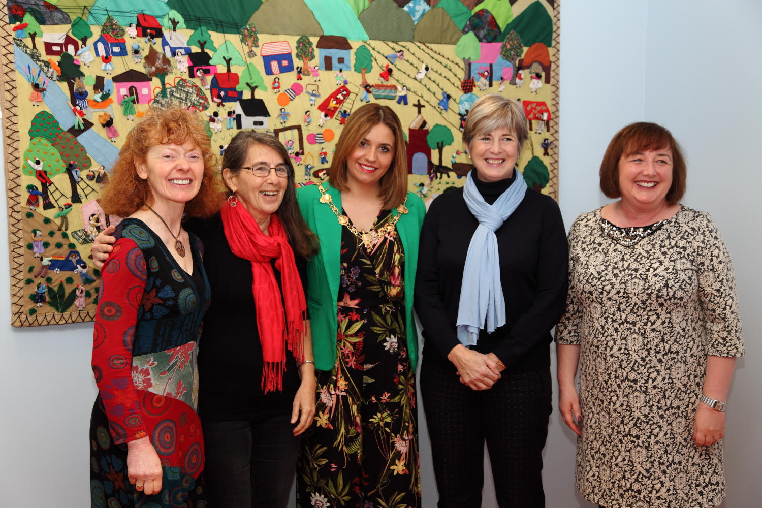 (L-R) Breege Doherty, Roberta Bacic, Councillor Elisha McCallion - Mayor of Derry City & Strabane District Council, Professor Gillian Robinson and Margaret Edwards at the launch of the new Conflict Textiles website, 19th Nov, 2015. (Photo: Martin Melaugh)